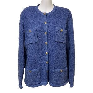 Tanner Vintage Blue Boucle Knit Blue Cardigan Sweater Jacket Gold Buttons
